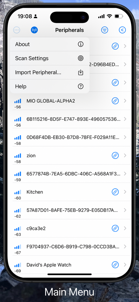 BluKit Workbench - BluKit Workbench app showing a list of Bluetooth peripherals and the main menu options