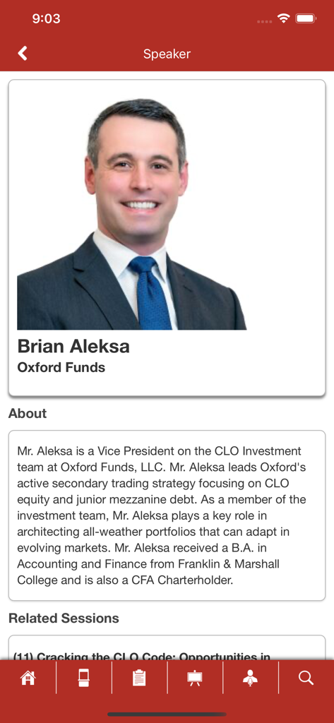 Speaker profile screen in the ADISA Conferences app featuring Brian Aleksa from Oxford Funds
