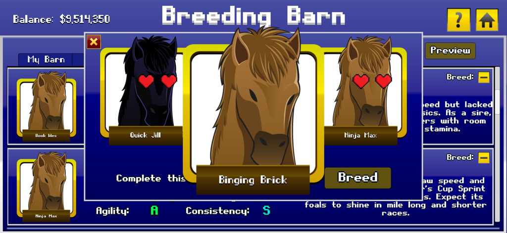 Tap Derby: Horse Racing - Breeding Barn menu in Tap Derby horse racing game