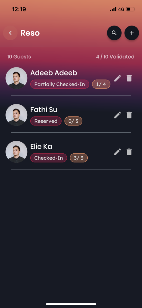 Tick'It Manager - Tick-It Manager app interface displaying an event guest list with check-in status and validation progress