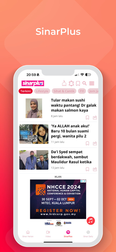 Screenshot of the SinarPlus section in the Sinar Harian app displaying news articles in Malay.