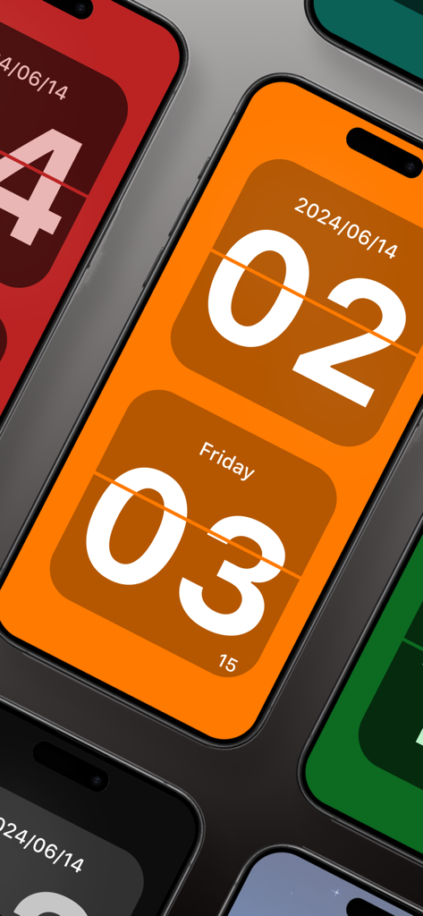 Flip Clock - Display Time Pro - Showcase of different colorful flip clock themes on mobile devices