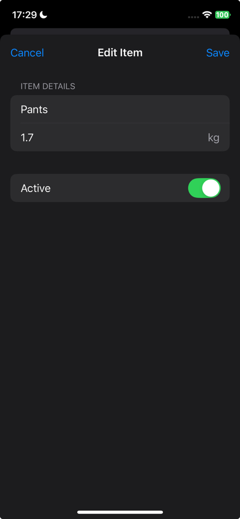 Screen for editing an item name and weight in the Bagga Calc luggage assistant app