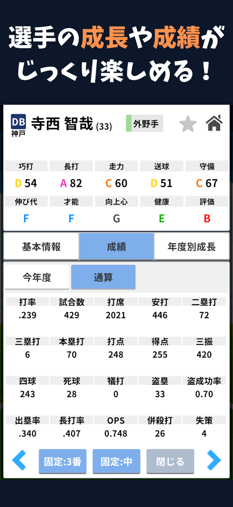 プロ野球ペナントシミュレータ - 야구 시뮬레이션 게임의 상세 선수 통계 및 능력치를 보여주는 모바일 앱 화면
