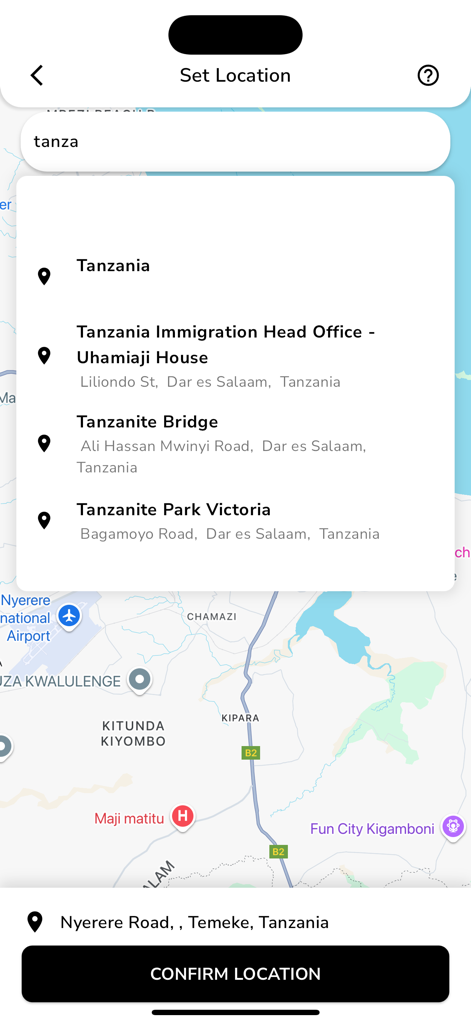 Suka - Interface of the Suka ride sharing app showing the set location screen with a map and address suggestions in Tanzania