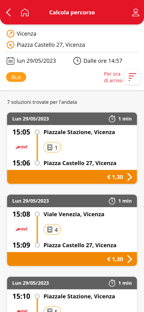 Svt Vicenza - Ecrã de resultados de pesquisa de rota de autocarro da aplicação móvel SVT Vicenza com horários e preços de bilhetes