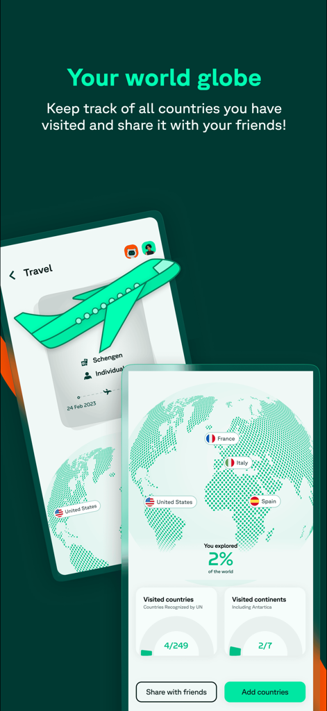 Tree Insurance - Tree Insurance app interface showing a world globe with tracked visited countries and travel statistics.