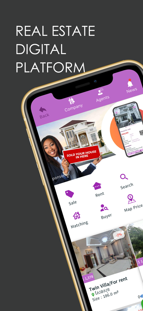 BAYON APP - Interface da plataforma imobiliária digital Bayon App com busca de imóveis e serviços de agentes