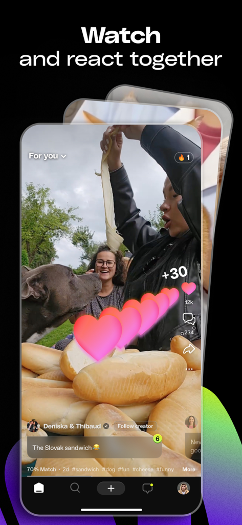 A mobile interface of the Dailymotion app featuring a video of a community moment with heart reactions and the headline Watch and react together.