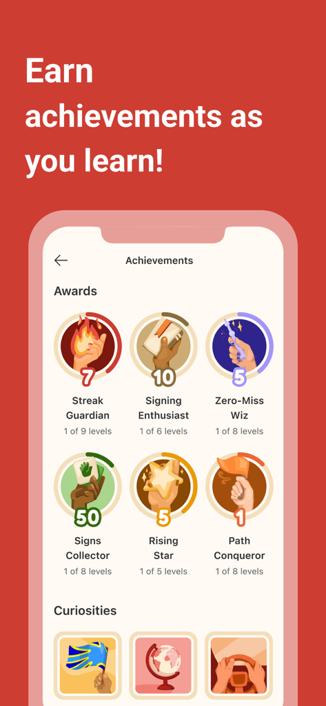Lingvano app interface showing various achievement awards like Streak Guardian and Rising Star for learning ASL