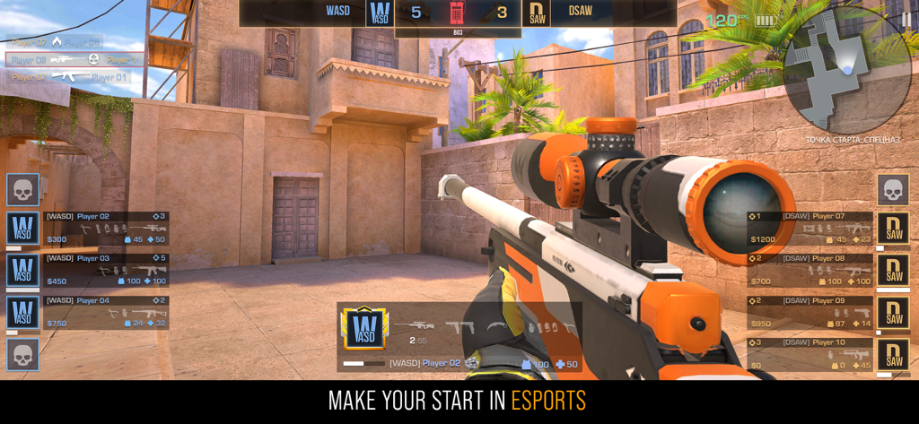 First person view of a sniper rifle in a Standoff 2 competitive mobile game match