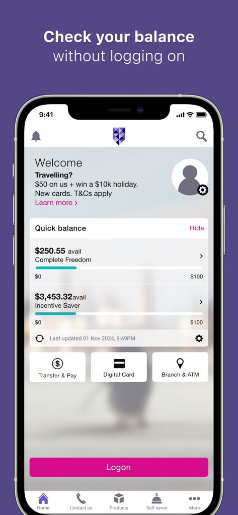 Bank of Melbourne mobile app interface showing the quick balance feature for multiple accounts