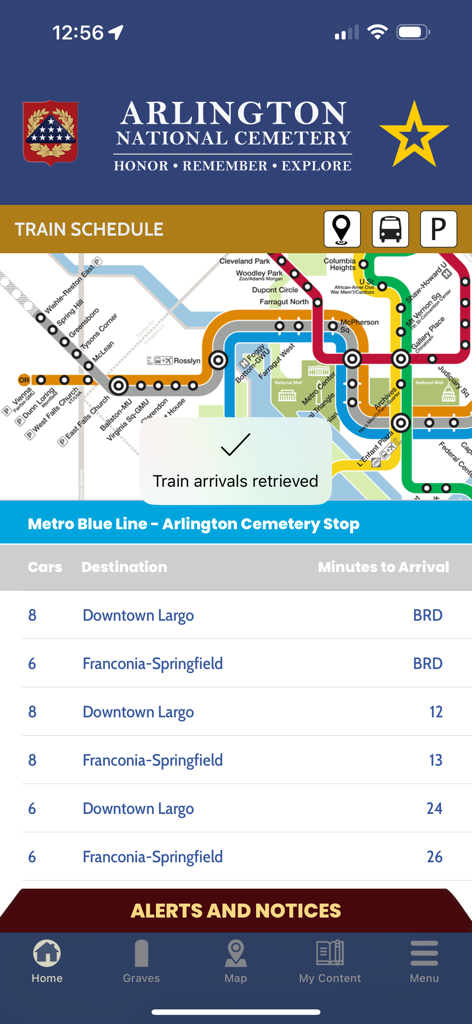 ANC Explorer - ANC Explorer app showing Metro Blue Line train arrivals at Arlington Cemetery station.