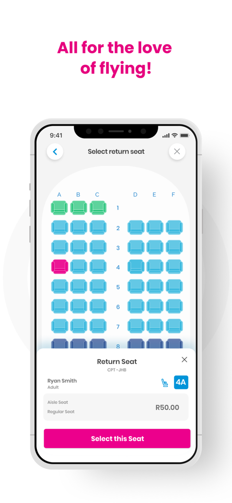 FlySafair - FlySafair mobile app interface showing an airplane seat map for selecting a flight seat