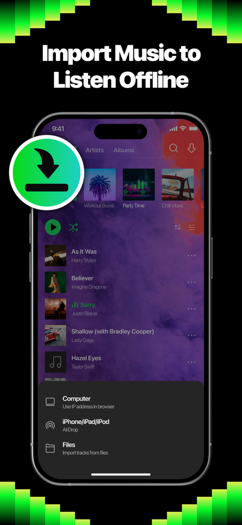 Offline music & local player - Pantalla de smartphone que muestra una aplicación reproductor de música sin conexión con un menú para importar canciones desde un ordenador, AirDrop o archivos locales.