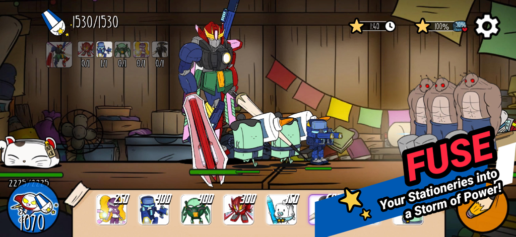 A battle scene in Stationery Heroes showing a fused stationery mecha character on a desk battlefield
