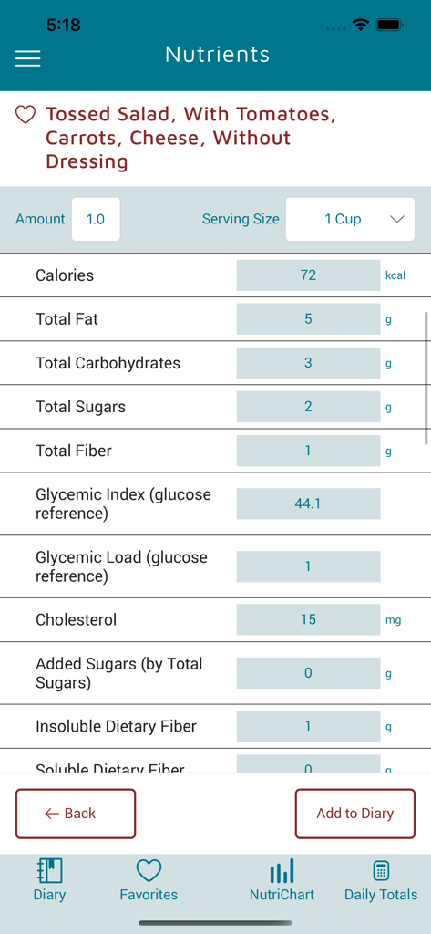 KidneyDiet - A detailed nutritional information screen for a tossed salad in the KidneyDiet app showing calories fat and fiber.