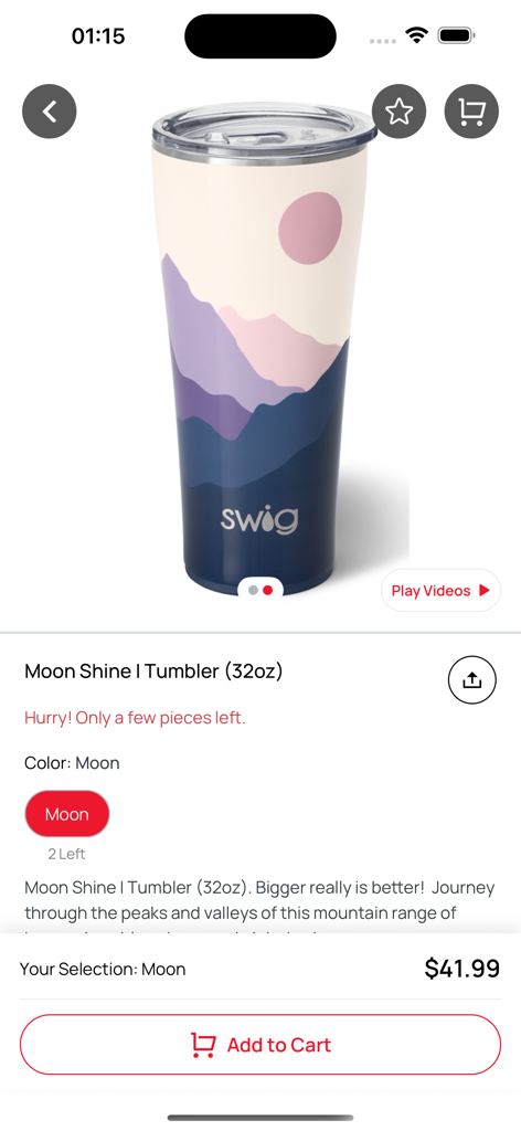 Product page for a 32oz Moon Shine Swig tumbler in the Feather and Vine Boutique mobile app.