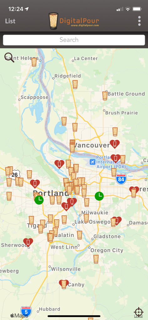 DigitalPour - Pocket Beer Menu - DigitalPour app map showing local craft beer locations and breweries in Portland