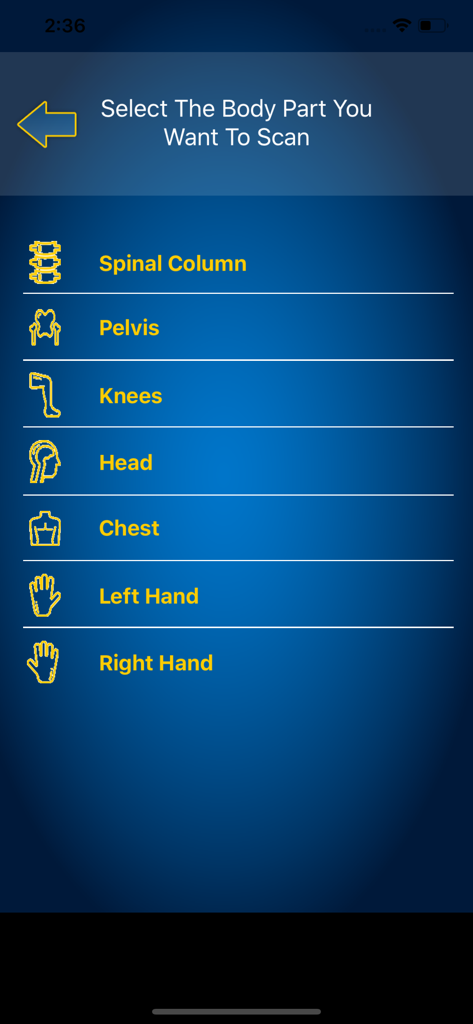 X-ray Scanner body - A menu screen of an X-ray prank app showing options to select body parts for scanning including head chest and hands