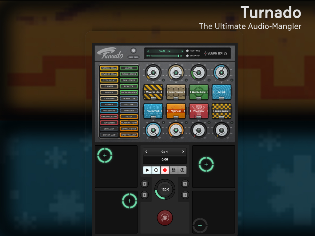 Turnado app interface showing eight multi-effect knobs and XY pads for real-time audio manipulation on iPad