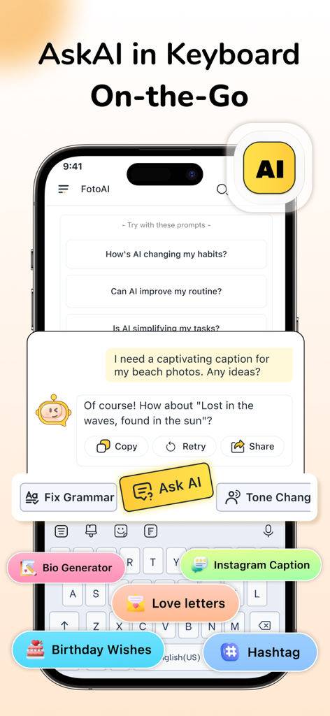 Font & Emoji Keyboard: FotoAI - Teclado FotoAI com assistente de IA integrado para gerar legendas do Instagram e corrigir gramática em tempo real
