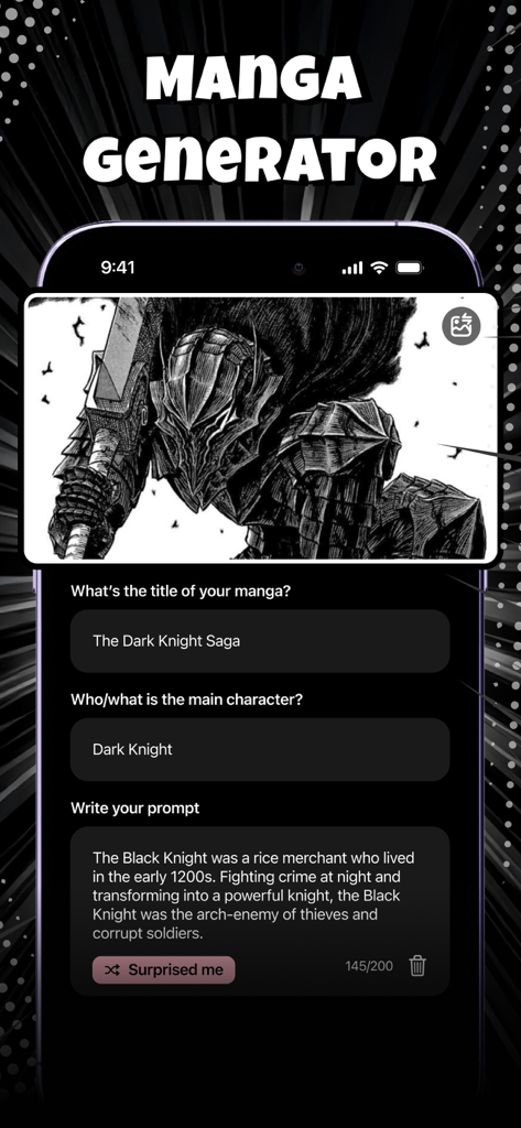 Manga Reader, Manhwa: Sakura - Mobile app interface showing an AI manga generator feature with text input fields for character and plot.