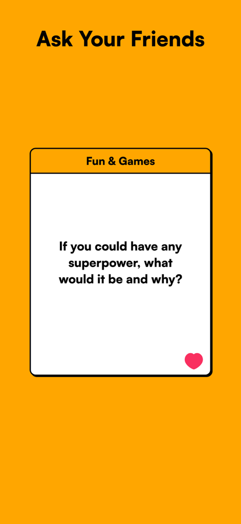 spill cards deep conversations - A mobile app card from Spill Cards asking a fun icebreaker question about superpowers to friends.