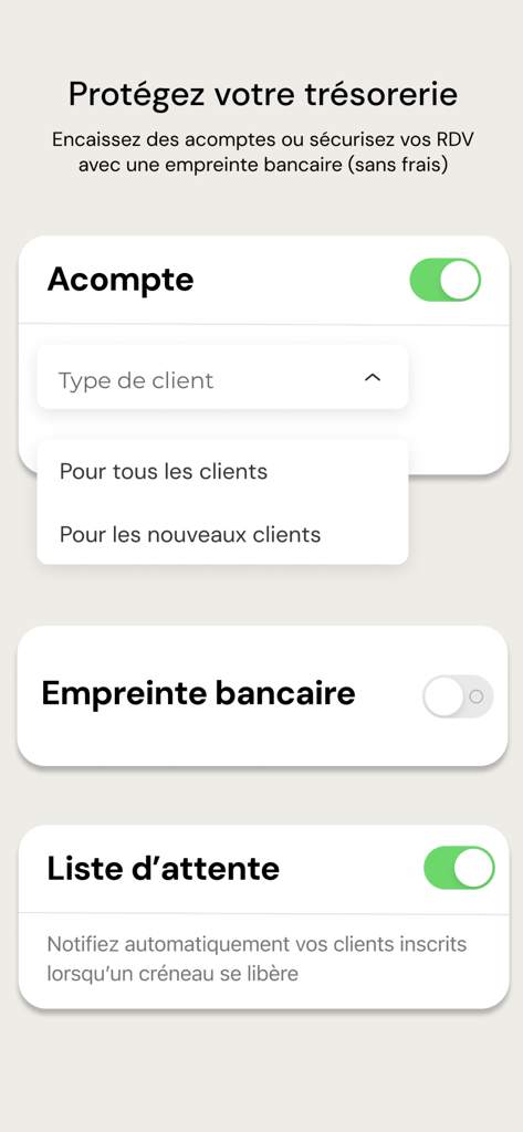 Fleeky Pro : Salon & Domicile - Interface do aplicativo Fleeky Pro mostrando as configurações para depósitos de clientes e automação da lista de espera.