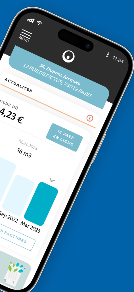 Veolia & moi - Eau - Veolia water utility app dashboard showing water consumption graph and online bill payment option.