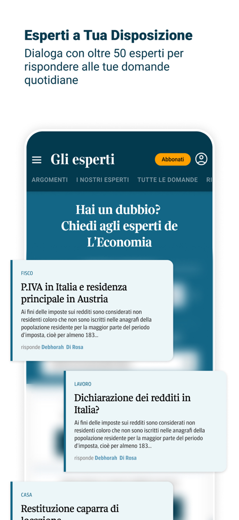 L'Economia Corriere della Sera - L'Economia app interface showing the expert financial consultation feature with Q&A cards