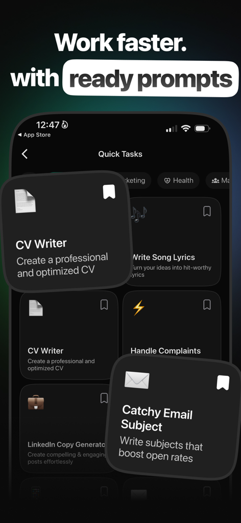 Savvi AI 모바일 앱 화면, CV 작성 및 이메일 제목과 같은 다양한 즉시 사용 가능한 프롬프트 표시