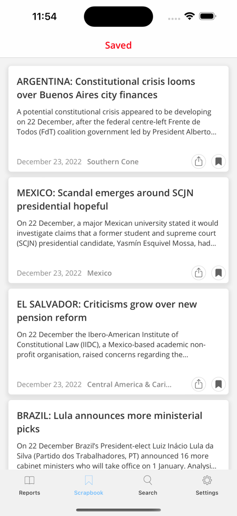 LatinNews - The scrapbook section of the LatinNews app displaying a collection of saved analytical news reports for Latin American countries.