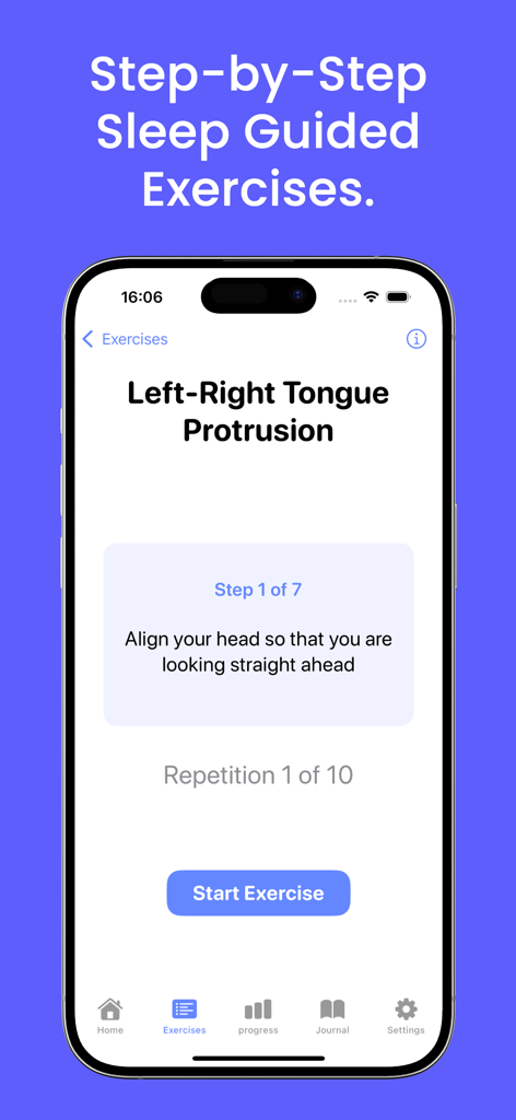 Sleep Apnea & Snore Exercises - Interfaz de ejercicios guiados paso a paso para la protrusión de la lengua.