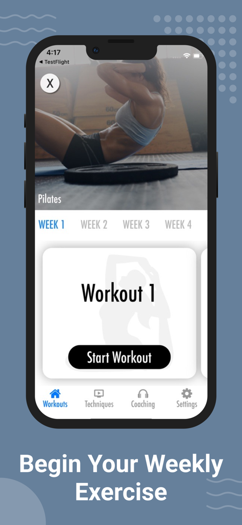 Pilates Workout Routines - Pantalla de la aplicación de Pilates mostrando una rutina de ejercicios semanal y el botón de inicio