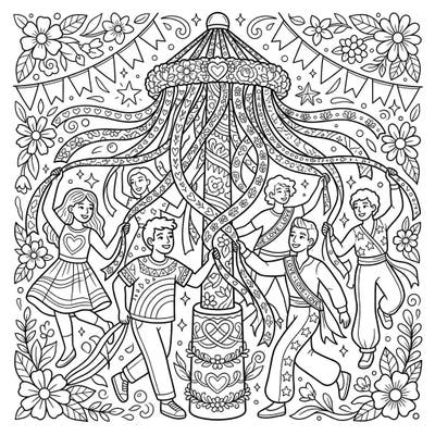 Join a joyful Maypole dance celebrating Pride Month with this festive coloring page. People in rainbow-accented attire dance around a beautifully decorated pole, ready for your creative touch.