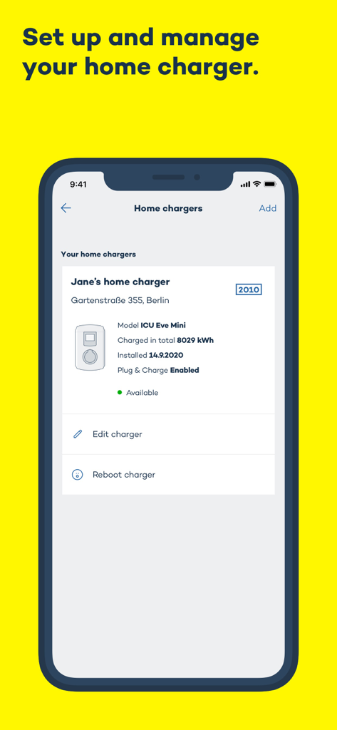Management screen for a home electric vehicle charger in the Virta app