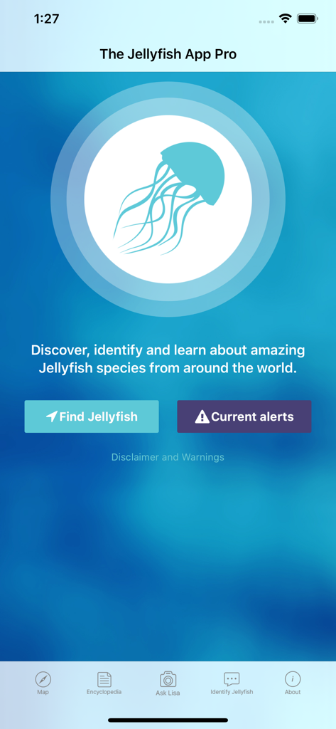 Home screen of The Jellyfish App Pro featuring jellyfish identification and current alerts buttons