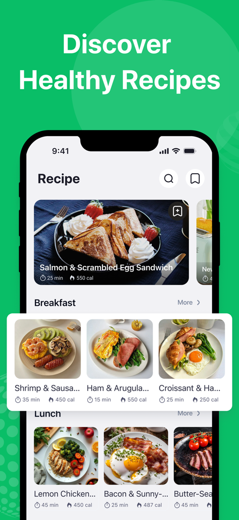 Cal Expert: AI Calorie Tracker - A smartphone showing the Cal Expert app recipe discovery page with healthy breakfast and lunch meal options and calorie information
