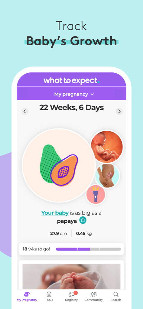 Pregnancy Baby Tracker - WTE - Pregnancy tracker app screen showing baby growth milestones at 22 weeks with a papaya size comparison