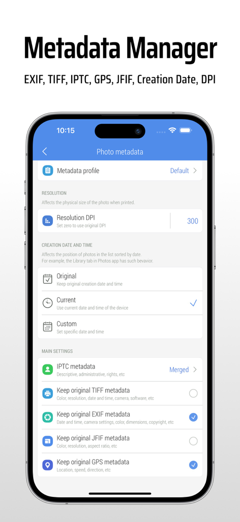 CropSize app screen for editing photo metadata EXIF and DPI settings