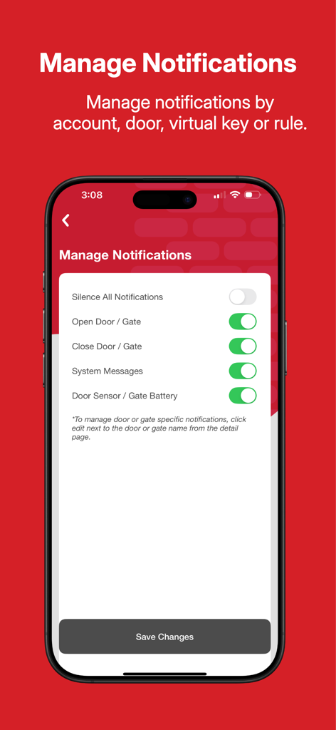Aladdin Connect - Smartphone screen displaying the Manage Notifications menu in the Aladdin Connect app for garage door alerts