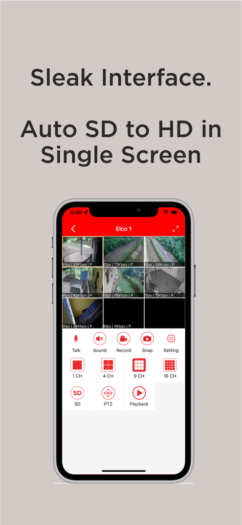 PVMS Pro 4K - PVMS Pro 4K app displaying multiple live security camera feeds and control buttons on an iPhone
