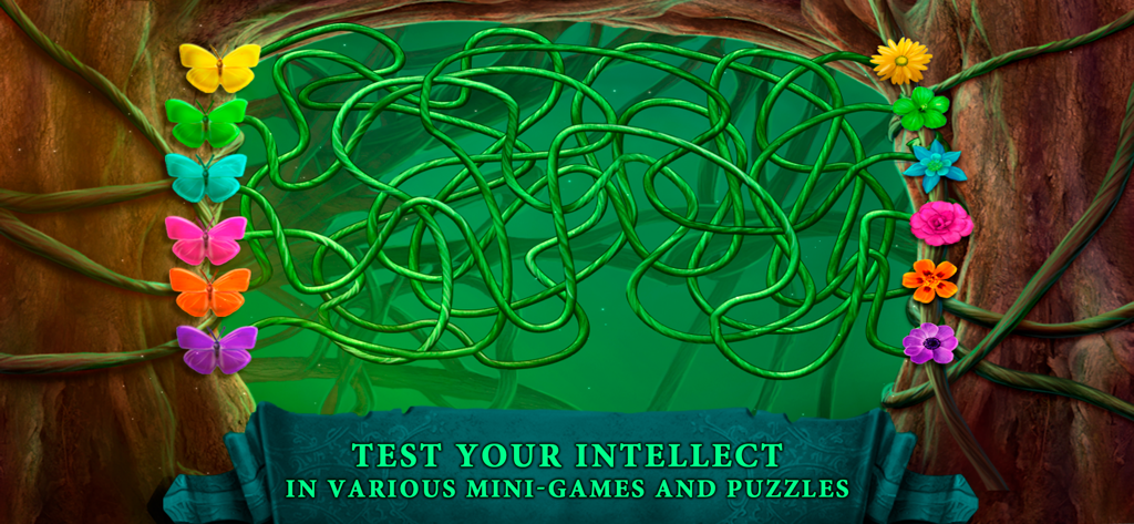 A mini-game puzzle screen from Camelot 2 showing colorful butterflies and flowers connected by a tangle of green vines.