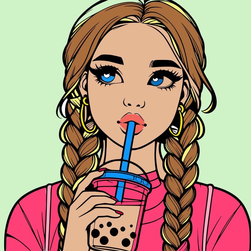 realistic girl with braided hair drinking boba