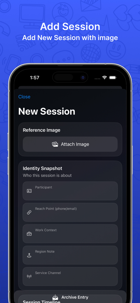 Screenshot of the New Session screen in Call App ID Sessions showing fields for participant details and a button to attach a reference image.