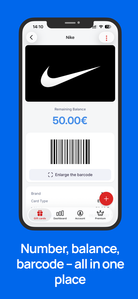 Gift Card Manager - A screenshot of the Gift Card Manager app displaying a Nike gift card with balance and a scannable barcode.