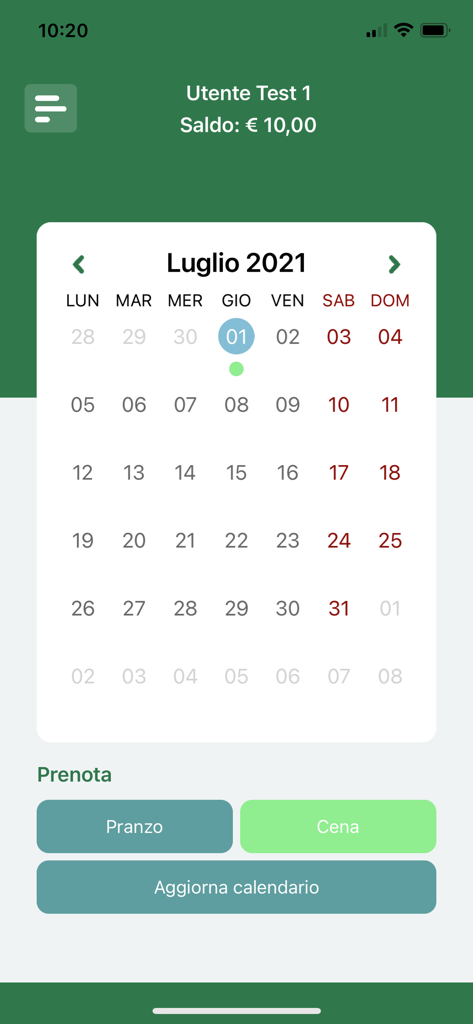 DayLunch - Interfaccia dell'app DayLunch che mostra un calendario per la prenotazione di pasti a pranzo e cena.