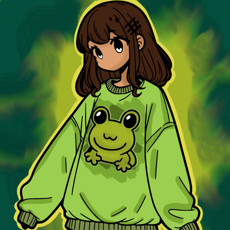 girl wearing frogging sweatshirt