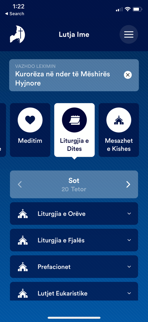 Lutja Ime - Home screen of the Lutja Ime app displaying Albanian liturgical prayer categories such as Liturgy of the Day and Eucharistic Prayers